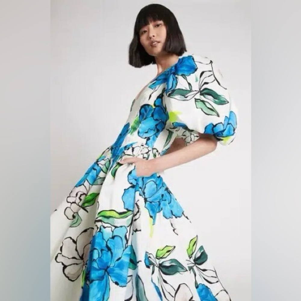 AJE  Pedestal Floral-Print Linen-Blend Midi Dress - Turquoise NWT UK 14 US 10
